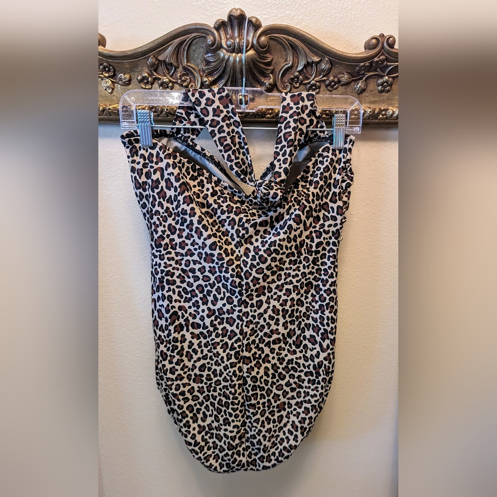 VINTAGE ESTHER WILLIAMS LEOPARD PRINT RUCHED HALTER ONE PIECE PIN UP  SZ 16 W - Picture 3 of 12